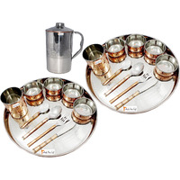 Prisha India Craft B. Set of 2 Dinnerware Traditional Stainless Steel Copper Dinner Set of Thali Plate, Bowls, Glass and Spoons, Dia 13  With 1 Embossed Stainless Steel Copper Pitcher Jug - Christmas Gift