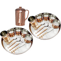 Prisha India Craft B. Set of 2 Dinnerware Traditional Stainless Steel Copper Dinner Set of Thali Plate, Bowls, Glass and Spoons, Dia 13  With 1 Pure Copper Pitcher Jug - Christmas Gift