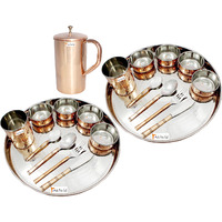 Prisha India Craft B. Set of 2 Dinnerware Traditional Stainless Steel Copper Dinner Set of Thali Plate, Bowls, Glass and Spoons, Dia 13  With 1 Pure Copper Classic Pitcher Jug - Christmas Gift