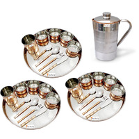 Prisha India Craft B. Set of 3 Dinnerware Traditional Stainless Steel Copper Dinner Set of Thali Plate, Bowls, Glass and Spoons, Dia 13  With 1 Pure Copper Pitcher Jug - Christmas Gift