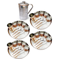 Prisha India Craft B. Set of 4 Dinnerware Traditional Stainless Steel Copper Dinner Set of Thali Plate, Bowls, Glass and Spoons, Dia 13  With 1 Pure Copper Pitcher Jug - Christmas Gift