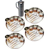 Prisha India Craft B. Set of 4 Dinnerware Traditional Stainless Steel Copper Dinner Set of Thali Plate, Bowls, Glass and Spoons, Dia 13  With 1 Luxury Style Stainless Steel Copper Pitcher Jug - Christmas Gift