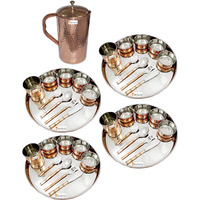 Prisha India Craft B. Set of 4 Dinnerware Traditional Stainless Steel Copper Dinner Set of Thali Plate, Bowls, Glass and Spoons, Dia 13  With 1 Pure Copper Hammered Pitcher Jug - Christmas Gift