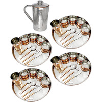 Prisha India Craft B. Set of 4 Dinnerware Traditional Stainless Steel Copper Dinner Set of Thali Plate, Bowls, Glass and Spoons, Dia 13  With 1 Stainless Steel Copper Hammered Pitcher Jug - Christmas Gift