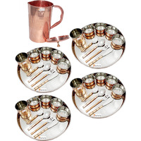 Prisha India Craft B. Set of 4 Dinnerware Traditional Stainless Steel Copper Dinner Set of Thali Plate, Bowls, Glass and Spoons, Dia 13  With 1 Pure Copper Embossed Pitcher Jug - Christmas Gift