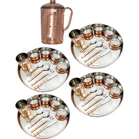 Prisha India Craft B. Set of 4 Dinnerware Traditional Stainless Steel Copper Dinner Set of Thali Plate, Bowls, Glass and Spoons, Dia 13  With 1 Pure Copper Pitcher Jug - Christmas Gift