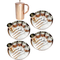 Prisha India Craft B. Set of 4 Dinnerware Traditional Stainless Steel Copper Dinner Set of Thali Plate, Bowls, Glass and Spoons, Dia 13  With 1 Pure Copper Classic Pitcher Jug - Christmas Gift