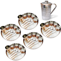 Prisha India Craft B. Set of 5 Dinnerware Traditional Stainless Steel Copper Dinner Set of Thali Plate, Bowls, Glass and Spoons, Dia 13  With 1 Pure Copper Pitcher Jug - Christmas Gift