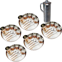 Prisha India Craft B. Set of 5 Dinnerware Traditional Stainless Steel Copper Dinner Set of Thali Plate, Bowls, Glass and Spoons, Dia 13  With 1 Luxury Style Stainless Steel Copper Pitcher Jug - Christmas Gift