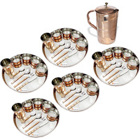 Prisha India Craft B. Set of 5 Dinnerware Traditional Stainless Steel Copper Dinner Set of Thali Plate, Bowls, Glass and Spoons, Dia 13  With 1 Luxury Style Pure Copper Pitcher Jug - Christmas Gift