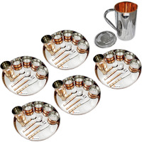 Prisha India Craft B. Set of 5 Dinnerware Traditional Stainless Steel Copper Dinner Set of Thali Plate, Bowls, Glass and Spoons, Dia 13  With 1 Stainless Steel Copper Pitcher Jug - Christmas Gift