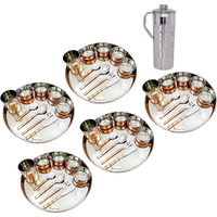 Prisha India Craft B. Set of 5 Dinnerware Traditional Stainless Steel Copper Dinner Set of Thali Plate, Bowls, Glass and Spoons, Dia 13  With 1 Luxury Style Stainless Steel Copper Pitcher Jug - Christmas Gift