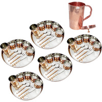 Prisha India Craft B. Set of 5 Dinnerware Traditional Stainless Steel Copper Dinner Set of Thali Plate, Bowls, Glass and Spoons, Dia 13  With 1 Pure Copper Embossed Pitcher Jug - Christmas Gift