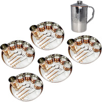 Prisha India Craft B. Set of 5 Dinnerware Traditional Stainless Steel Copper Dinner Set of Thali Plate, Bowls, Glass and Spoons, Dia 13  With 1 Embossed Stainless Steel Copper Pitcher Jug - Christmas Gift