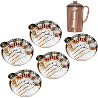 Prisha India Craft B. Set of 5 Dinnerware Traditional Stainless Steel Copper Dinner Set of Thali Plate, Bowls, Glass and Spoons, Dia 13  With 1 Pure Copper Pitcher Jug - Christmas Gift