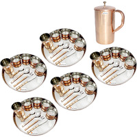 Prisha India Craft B. Set of 5 Dinnerware Traditional Stainless Steel Copper Dinner Set of Thali Plate, Bowls, Glass and Spoons, Dia 13  With 1 Pure Copper Classic Pitcher Jug - Christmas Gift