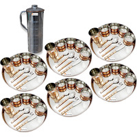 Prisha India Craft B. Set of 6 Dinnerware Traditional Stainless Steel Copper Dinner Set of Thali Plate, Bowls, Glass and Spoons, Dia 13  With 1 Luxury Style Stainless Steel Copper Pitcher Jug - Christmas Gift
