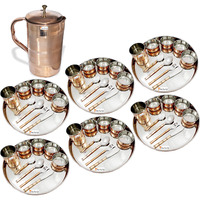 Prisha India Craft B. Set of 6 Dinnerware Traditional Stainless Steel Copper Dinner Set of Thali Plate, Bowls, Glass and Spoons, Dia 13  With 1 Luxury Style Pure Copper Pitcher Jug - Christmas Gift