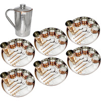 Prisha India Craft B. Set of 6 Dinnerware Traditional Stainless Steel Copper Dinner Set of Thali Plate, Bowls, Glass and Spoons, Dia 13  With 1 Stainless Steel Copper Hammered Pitcher Jug - Christmas Gift