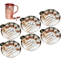 Prisha India Craft B. Set of 6 Dinnerware Traditional Stainless Steel Copper Dinner Set of Thali Plate, Bowls, Glass and Spoons, Dia 13  With 1 Pure Copper Embossed Pitcher Jug - Christmas Gift
