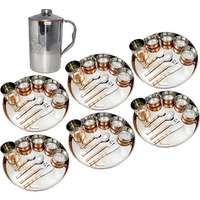 Prisha India Craft B. Set of 6 Dinnerware Traditional Stainless Steel Copper Dinner Set of Thali Plate, Bowls, Glass and Spoons, Dia 13  With 1 Embossed Stainless Steel Copper Pitcher Jug - Christmas Gift