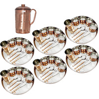 Prisha India Craft B. Set of 6 Dinnerware Traditional Stainless Steel Copper Dinner Set of Thali Plate, Bowls, Glass and Spoons, Dia 13  With 1 Pure Copper Pitcher Jug - Christmas Gift