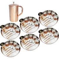 Prisha India Craft B. Set of 6 Dinnerware Traditional Stainless Steel Copper Dinner Set of Thali Plate, Bowls, Glass and Spoons, Dia 13  With 1 Pure Copper Classic Pitcher Jug - Christmas Gift