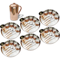 Prisha India Craft B. Set of 6 Dinnerware Traditional Stainless Steel Copper Dinner Set of Thali Plate, Bowls, Glass and Spoons, Dia 13  With 1 Pure Copper Pitcher Jug - Christmas Gift