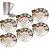 Prisha India Craft B. Set of 6 Dinnerware Traditional Stainless Steel Copper Dinner Set of Thali Plate, Bowls, Glass and Spoons, Dia 13  With 1 Luxury Style Pitcher Jug - Christmas Gift