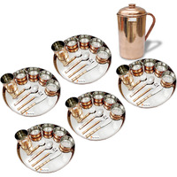 Prisha India Craft B. Set of 5 Dinnerware Traditional Stainless Steel Copper Dinner Set of Thali Plate, Bowls, Glass and Spoons, Dia 13  With 1 Pure Copper Pitcher Jug - Christmas Gift