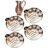 Prisha India Craft B. Set of 4 Dinnerware Traditional Stainless Steel Copper Dinner Set of Thali Plate, Bowls, Glass and Spoons, Dia 13  With 1 Pure Copper Mughal Pitcher Jug - Christmas Gift