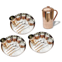 Prisha India Craft B. Set of 3 Dinnerware Traditional Stainless Steel Copper Dinner Set of Thali Plate, Bowls, Glass and Spoons, Dia 13  With 1 Pure Copper Pitcher Jug - Christmas Gift