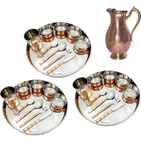 Prisha India Craft B. Set of 3 Dinnerware Traditional Stainless Steel Copper Dinner Set of Thali Plate, Bowls, Glass and Spoons, Dia 13  With 1 Pure Copper Mughal Pitcher Jug - Christmas Gift