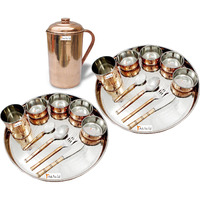 Prisha India Craft B. Set of 2 Dinnerware Traditional Stainless Steel Copper Dinner Set of Thali Plate, Bowls, Glass and Spoons, Dia 13  With 1 Pure Copper Pitcher Jug - Christmas Gift