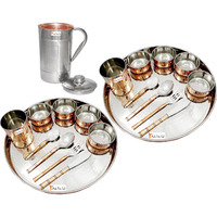 Prisha India Craft B. Set of 2 Dinnerware Traditional Stainless Steel Copper Dinner Set of Thali Plate, Bowls, Glass and Spoons, Dia 13  With 1 Luxury Style Pitcher Jug - Christmas Gift