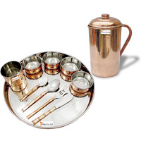 Prisha India Craft B. Dinnerware Traditional Stainless Steel Copper Dinner Set of Thali Plate, Bowls, Glass and Spoons, Dia 13  With 1 Pure Copper Pitcher Jug - Christmas Gift