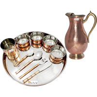 Prisha India Craft B. Dinnerware Traditional Stainless Steel Copper Dinner Set of Thali Plate, Bowls, Glass and Spoons, Dia 13  With 1 Pure Copper Mughal Pitcher Jug - Christmas Gift