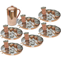 Prisha India Craft B. Set of 6 Dinnerware Traditional Stainless Steel Copper Dinner Set of Thali Plate, Bowls, Glass and Spoons, Dia 13  With 1 Pure Copper Pitcher Jug - Christmas Gift