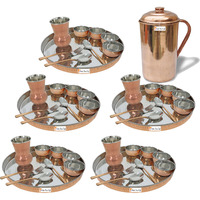 Prisha India Craft B. Set of 5 Dinnerware Traditional Stainless Steel Copper Dinner Set of Thali Plate, Bowls, Glass and Spoons, Dia 13  With 1 Pure Copper Pitcher Jug - Christmas Gift