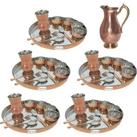 Prisha India Craft B. Set of 5 Dinnerware Traditional Stainless Steel Copper Dinner Set of Thali Plate, Bowls, Glass and Spoons, Dia 13  With 1 Pure Copper Mughal Pitcher Jug - Christmas Gift