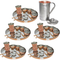 Prisha India Craft B. Set of 5 Dinnerware Traditional Stainless Steel Copper Dinner Set of Thali Plate, Bowls, Glass and Spoons, Dia 13  With 1 Luxury Style Pitcher Jug - Christmas Gift