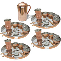 Prisha India Craft B. Set of 4 Dinnerware Traditional Stainless Steel Copper Dinner Set of Thali Plate, Bowls, Glass and Spoons, Dia 13  With 1 Pure Copper Pitcher Jug - Christmas Gift