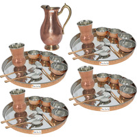 Prisha India Craft B. Set of 4 Dinnerware Traditional Stainless Steel Copper Dinner Set of Thali Plate, Bowls, Glass and Spoons, Dia 13  With 1 Pure Copper Mughal Pitcher Jug - Christmas Gift