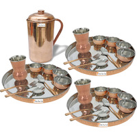 Prisha India Craft B. Set of 3 Dinnerware Traditional Stainless Steel Copper Dinner Set of Thali Plate, Bowls, Glass and Spoons, Dia 13  With 1 Pure Copper Pitcher Jug - Christmas Gift