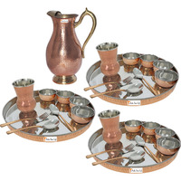 Prisha India Craft B. Set of 3 Dinnerware Traditional Stainless Steel Copper Dinner Set of Thali Plate, Bowls, Glass and Spoons, Dia 13  With 1 Pure Copper Mughal Pitcher Jug - Christmas Gift