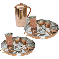 Prisha India Craft B. Set of 2 Dinnerware Traditional Stainless Steel Copper Dinner Set of Thali Plate, Bowls, Glass and Spoons, Dia 13  With 1 Pure Copper Pitcher Jug - Christmas Gift