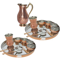 Prisha India Craft B. Set of 2 Dinnerware Traditional Stainless Steel Copper Dinner Set of Thali Plate, Bowls, Glass and Spoons, Dia 13  With 1 Pure Copper Mughal Pitcher Jug - Christmas Gift