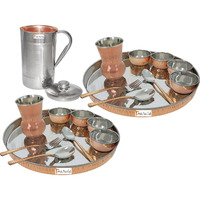 Prisha India Craft B. Set of 2 Dinnerware Traditional Stainless Steel Copper Dinner Set of Thali Plate, Bowls, Glass and Spoons, Dia 13  With 1 Luxury Style Pitcher Jug - Christmas Gift