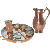 Prisha India Craft B. Dinnerware Traditional Stainless Steel Copper Dinner Set of Thali Plate, Bowls, Glass and Spoons, Dia 13  With 1 Pure Copper Mughal Pitcher Jug - Christmas Gift