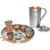 Prisha India Craft B. Dinnerware Traditional Stainless Steel Copper Dinner Set of Thali Plate, Bowls, Glass and Spoons, Dia 13  With 1 Luxury Style Pitcher Jug - Christmas Gift